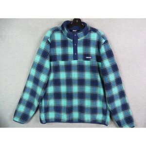 Lands End Mens Sweater Large Blue Green Fleece Plaid Pullover 1/4 Snap Gorp Fall